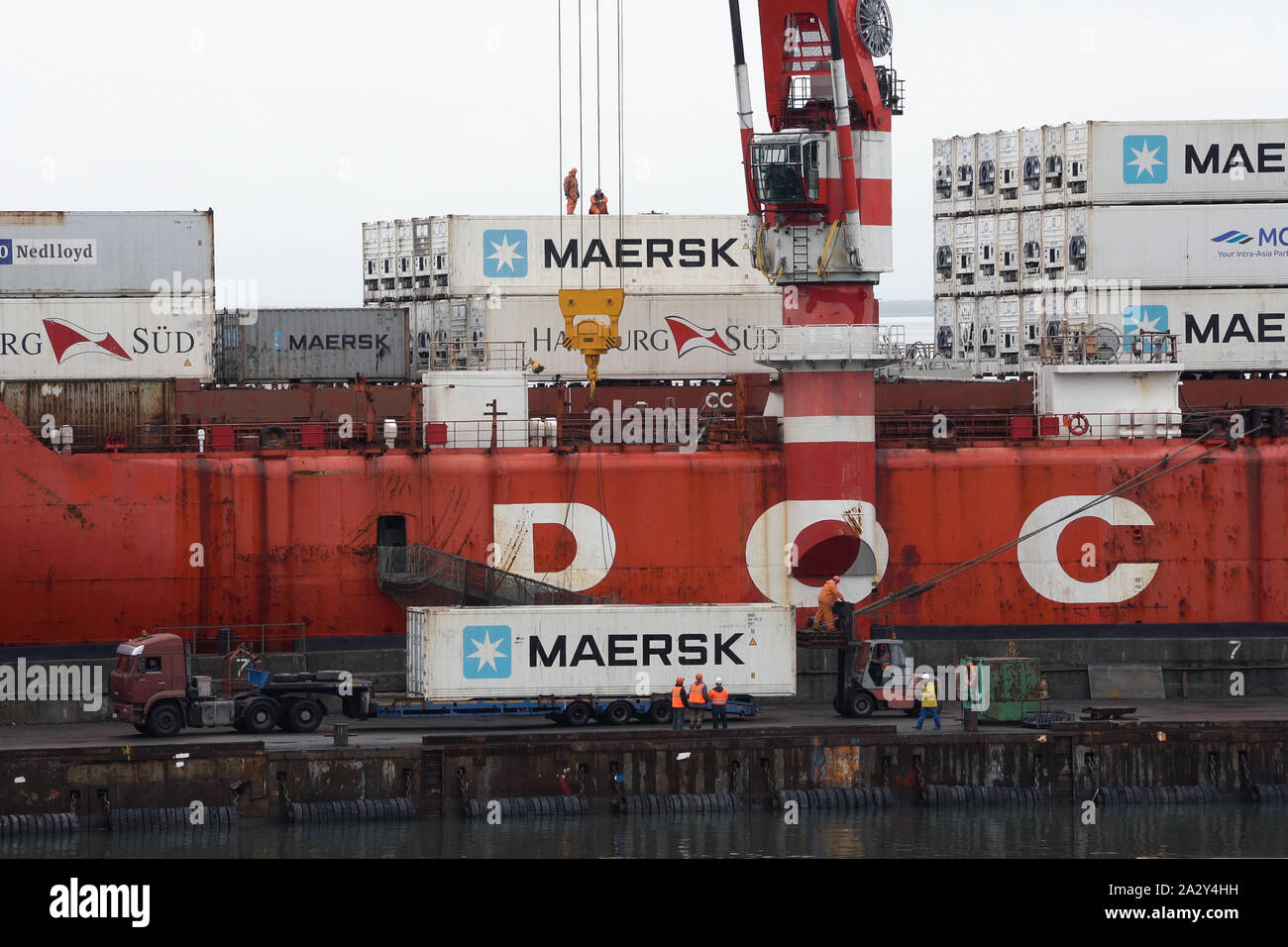 Crane unloads container ship Sevmorput Russian nuclearpowered