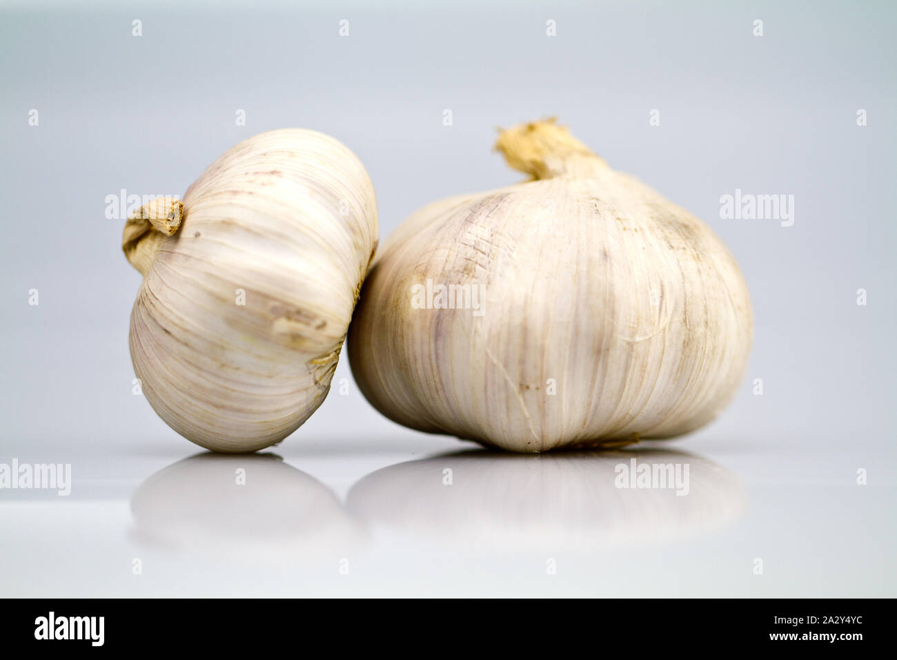 cloves and bulbs of garlic on white table and white background Stock ...