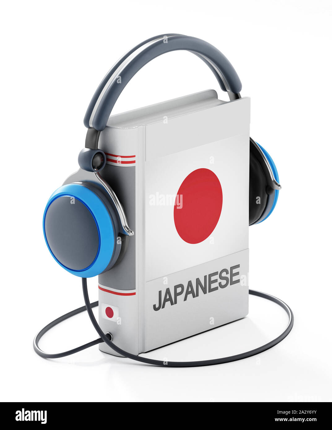 Japanese dictionary with headphones isolated on white background. 3D