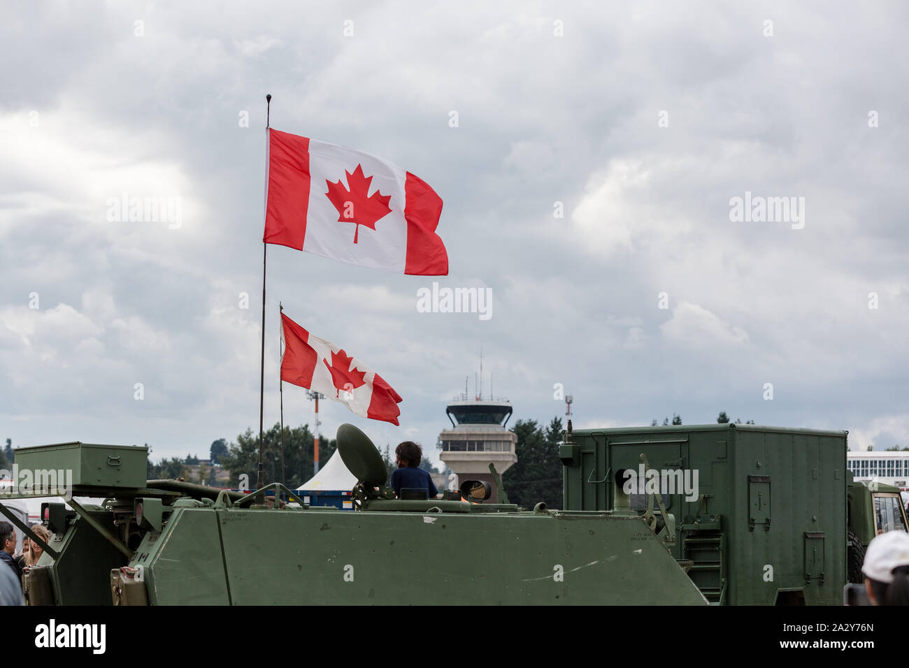 ABBOTSFORD, BC, CANADA - AUG 11, 2019: Canadian military vehicles on display at the Abbotsford International Airshow. Stock Photo