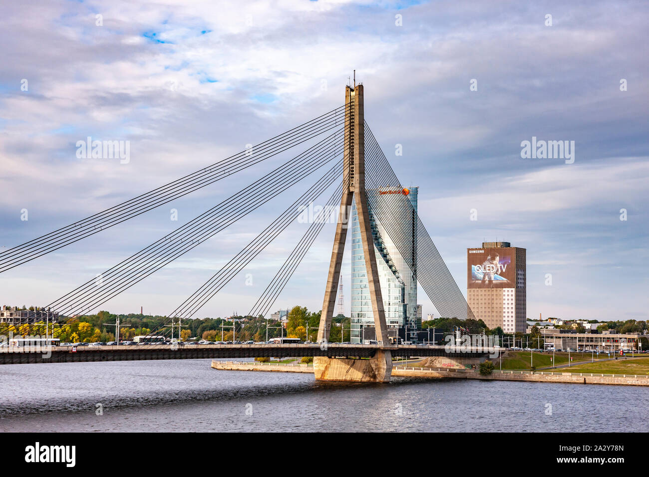 Vansu bridge a cable-stayed design constucted of steel and concrete, also know as the  Gorky bridge, Riga, Latvia, Stock Photo