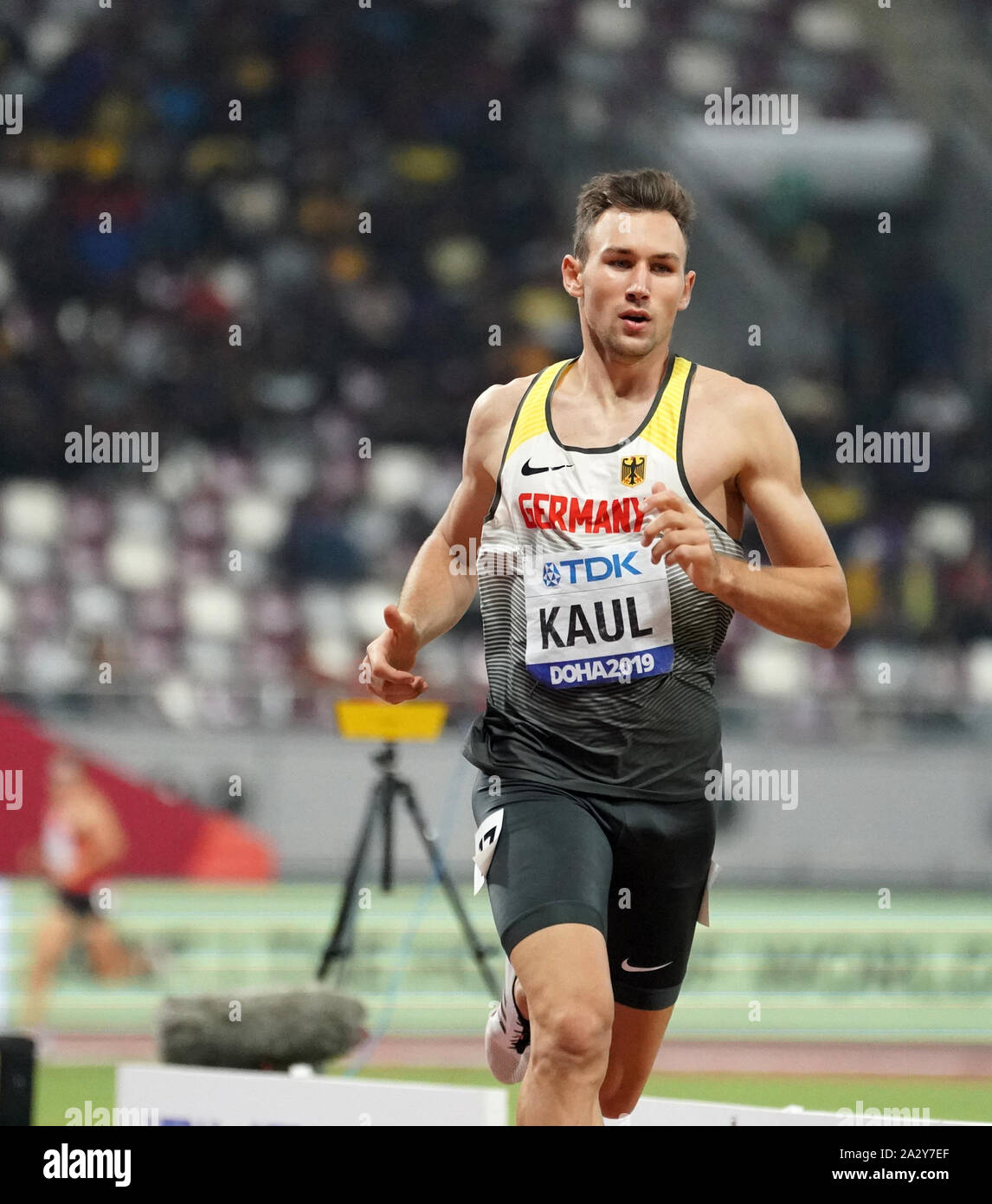 Doha, Qatar. 3rd Oct, 2019. Niklas Kaul of Germany competes during the 1500m event of men's decathlon at the 2019 IAAF World Athletics Championships in Doha, Qatar, . Credit: Li Gang/Xinhua/Alamy Live News Stock Photo