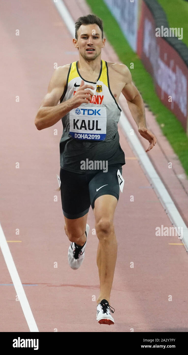 Doha, Qatar. 3rd Oct, 2019. Niklas Kaul of Germany competes during the 1500m event of men's decathlon at the 2019 IAAF World Athletics Championships in Doha, Qatar, . Credit: Wang Jingqiang/Xinhua/Alamy Live News Stock Photo