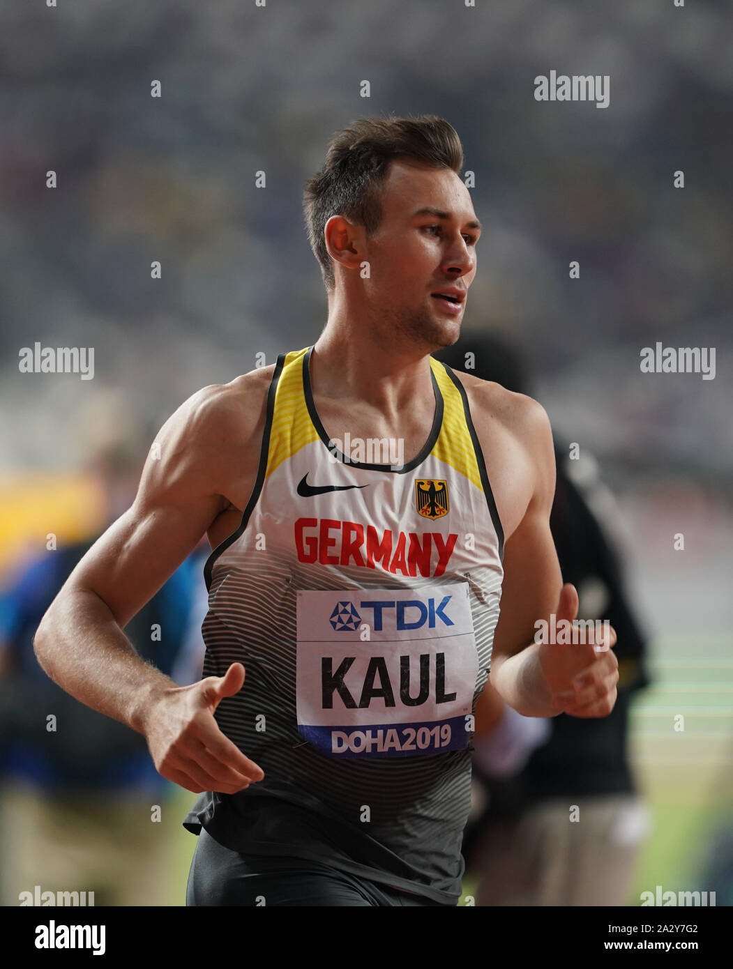 Doha, Qatar. 3rd Oct, 2019. Niklas Kaul of Germany competes during the 1500m event of men's decathlon at the 2019 IAAF World Athletics Championships in Doha, Qatar, . Credit: Jia Yuchen/Xinhua/Alamy Live News Stock Photo