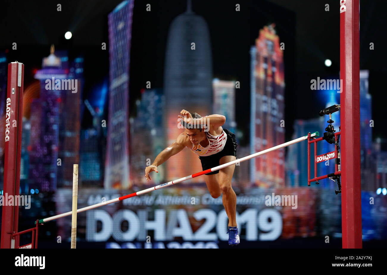 Doha, Qatar. 3rd Oct, 2019. Thomas Van der Plaetsen of Belgium competes during the pole vault competition of men's decathlon at the 2019 IAAF World Athletics Championships in Doha, Qatar, Oct. 3, 2019. Credit: Wang Lili/Xinhua/Alamy Live News Stock Photo