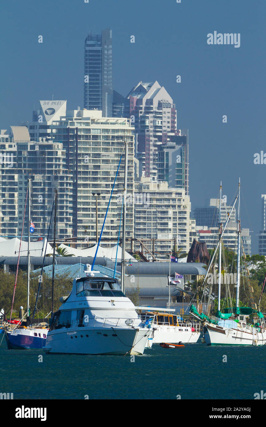 The highrise skyline of Surfers Paradise on the Gold Coast of Queensland, Australia, seen from across The Spit near Doug Jennings Park. Stock Photo