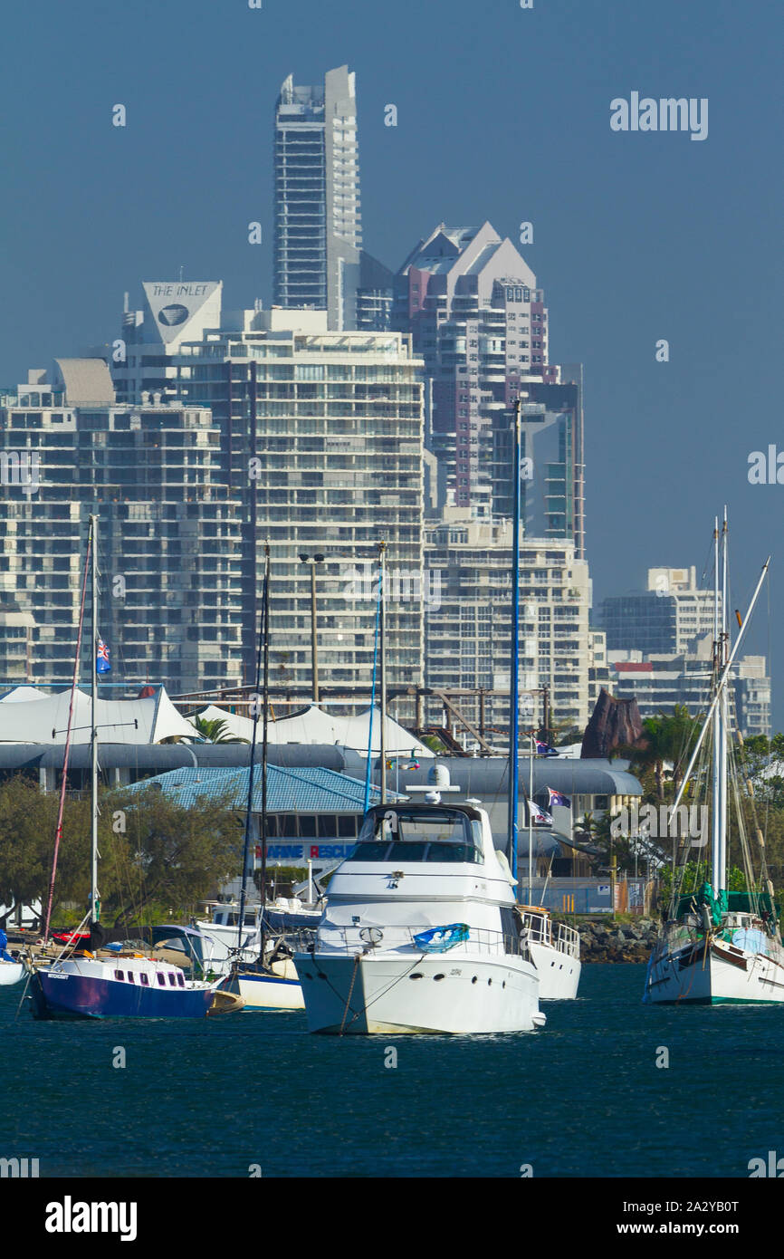 The highrise skyline of Surfers Paradise on the Gold Coast of Queensland, Australia, seen from across The Spit near Doug Jennings Park. Stock Photo