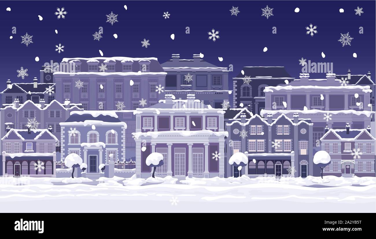 Christmas Night Snow Houses and Shops Street Scene Stock Vector
