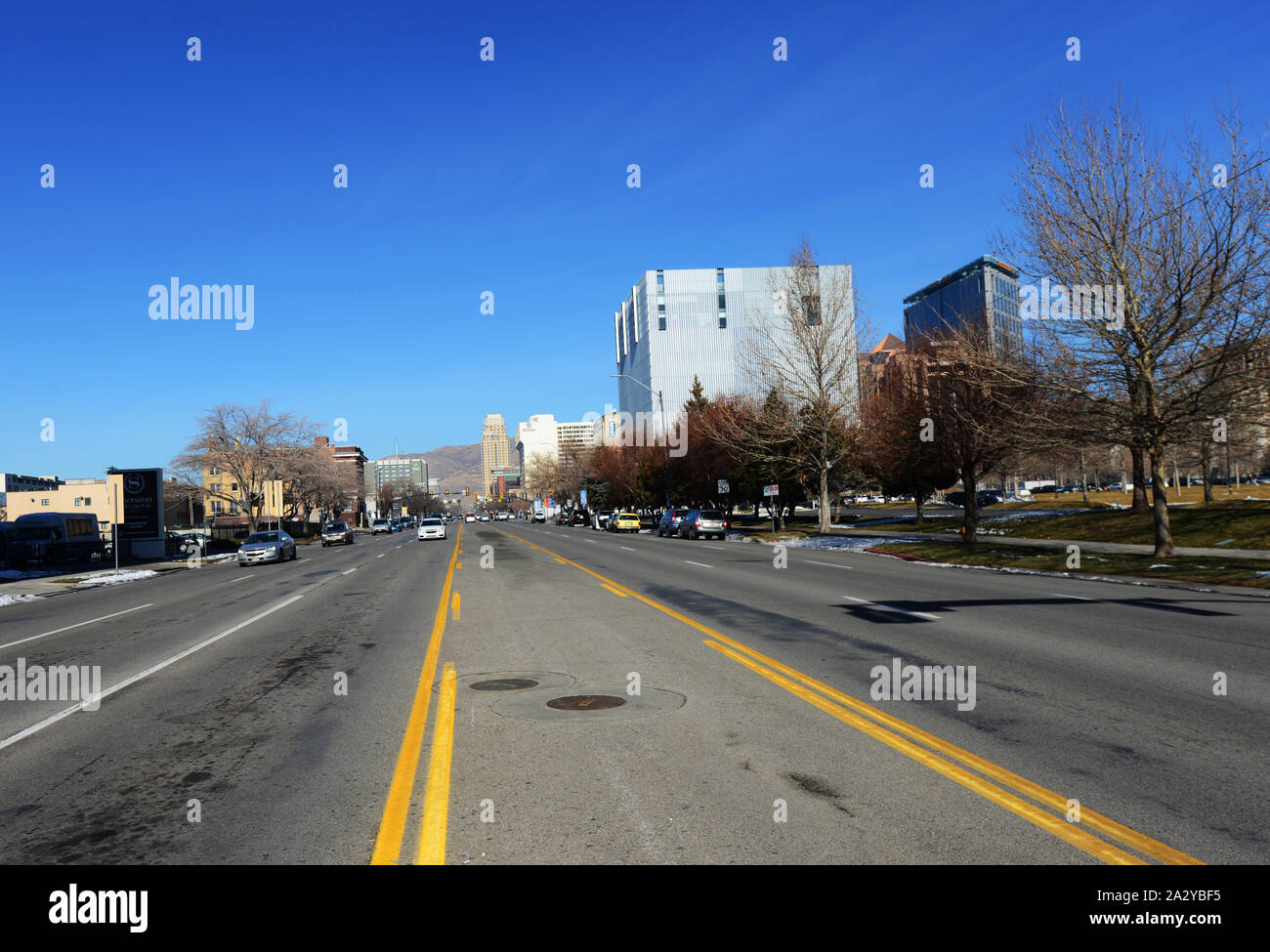 A view towards Salt Lake City's downtown on W Temple street. Stock Photo
