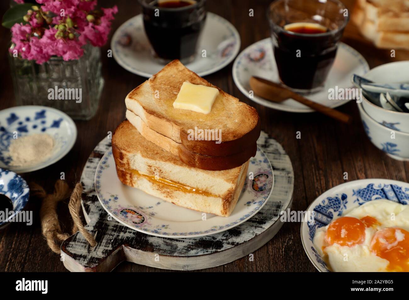 Kaya Toast. Toasted sandwich of Malay kaya jam (coconut milk and egg