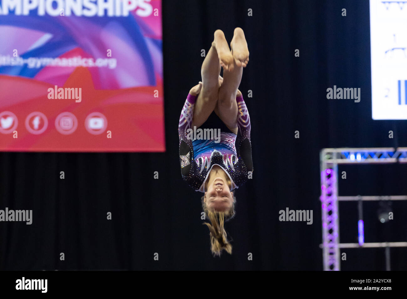 Birmingham, England, UK. 28 September 2019. Ruby Reid (Revolution Gymnastics Club) in action during the Trampoline, Tumbling and DMT British Championship Qualifiers at the Arena Birmingham, Birmingham, UK. Stock Photo