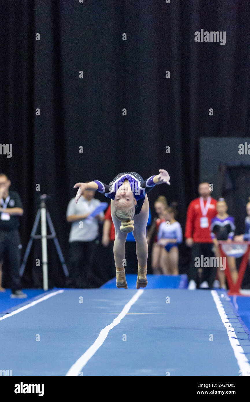 Birmingham, England, UK. 28 September 2019. Lilly Hanson-Moring (Andover Gymnastics Club) in action during the Trampoline, Tumbling and DMT British Championship Qualifiers at the Arena Birmingham, Birmingham, UK. Stock Photo