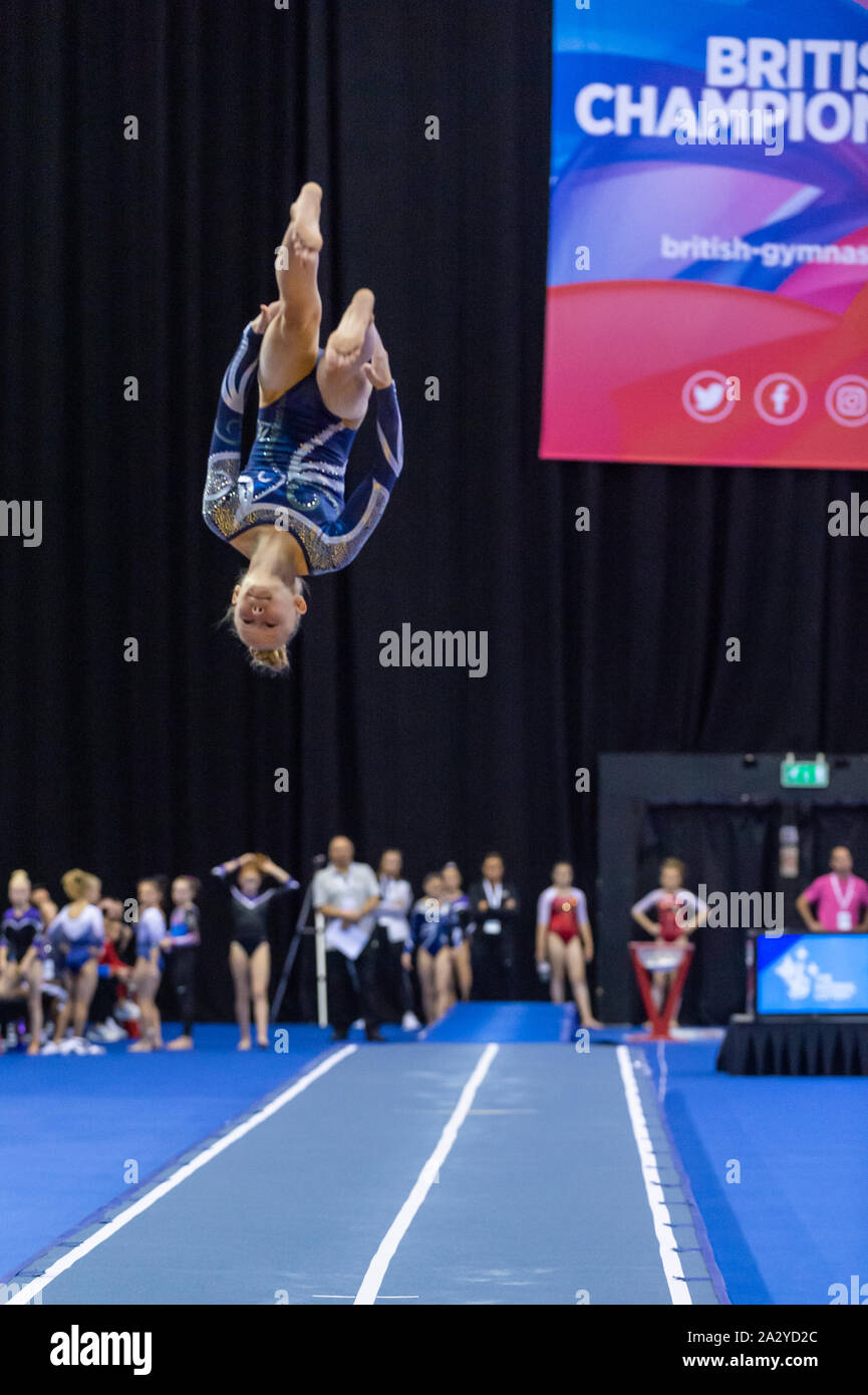 Birmingham, England, UK. 28 September 2019. Sophie Campbell (Sapphire Gymnastics Club) in action during the Trampoline, Tumbling and DMT British Championship Qualifiers at the Arena Birmingham, Birmingham, UK. Stock Photo