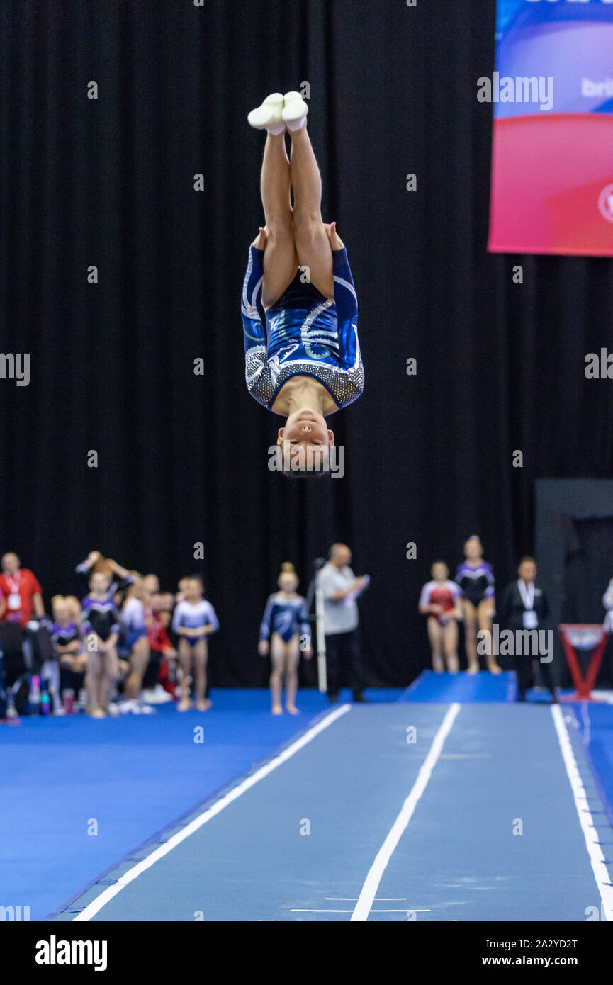 Birmingham, England, UK. 28 September 2019. Heather Hughes (Sapphire Gymnastics Club) in action during the Trampoline, Tumbling and DMT British Championship Qualifiers at the Arena Birmingham, Birmingham, UK. Stock Photo