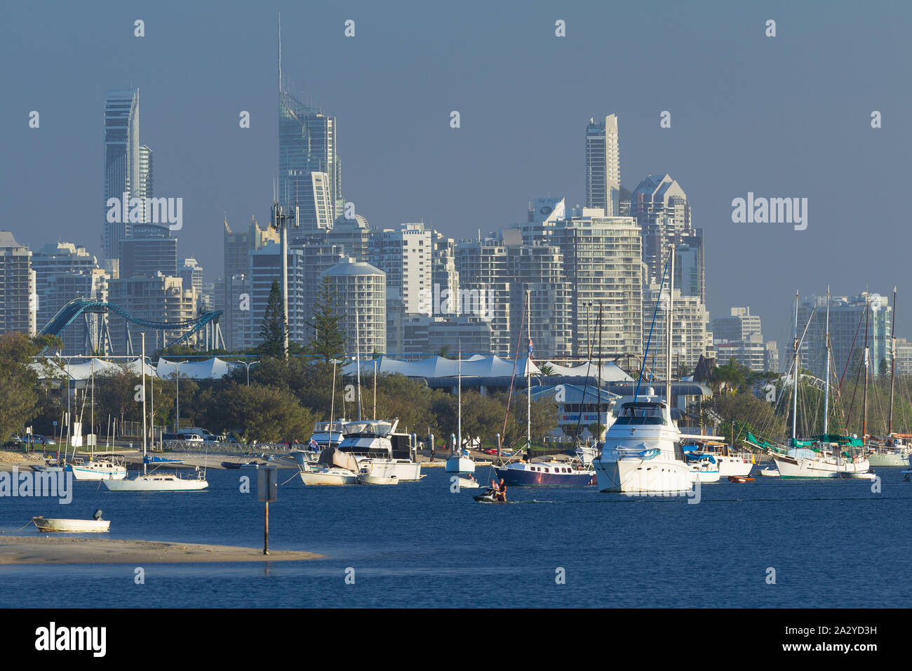 The highrise skyline of Surfers Paradise on the Gold Coast of Queensland, Australia, seen from across The Spit near Doug Jennings Park. Stock Photo