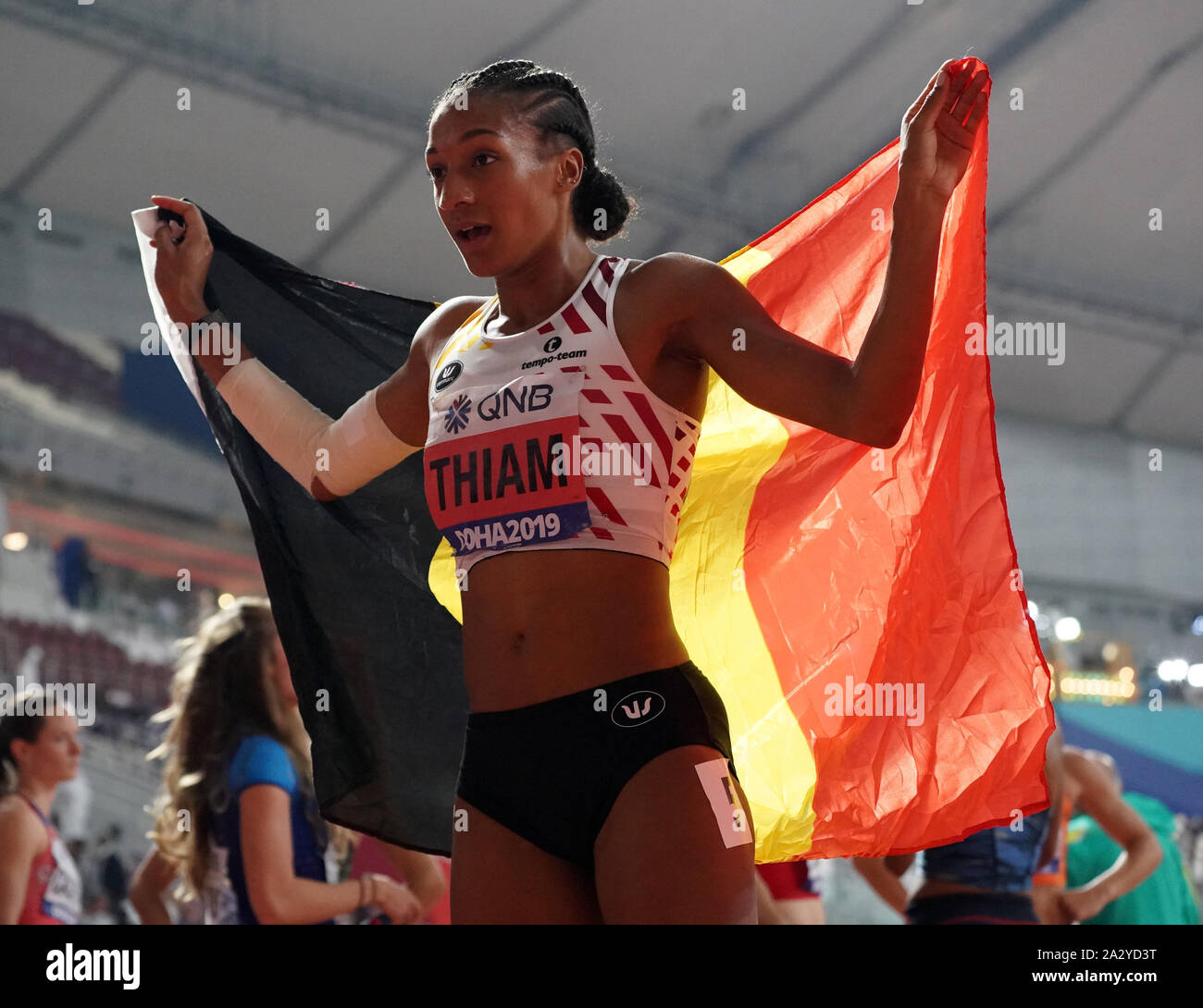 Doha, Qatar. 3rd Oct, 2019. Nafissatou Thiam of Belgium celebrates after the 800m of the women's heptathlon at the 2019 IAAF World Athletics Championships in Doha, Qatar, on . Credit: Li Gang/Xinhua/Alamy Live News Stock Photo