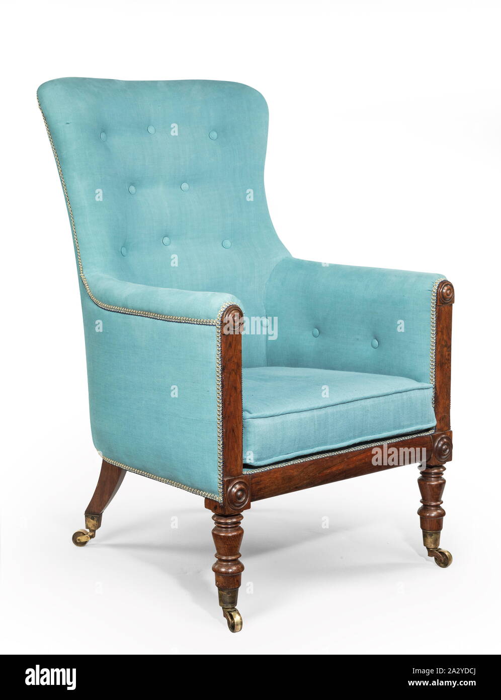 Antique armchair upholstered light blue isolated on white background