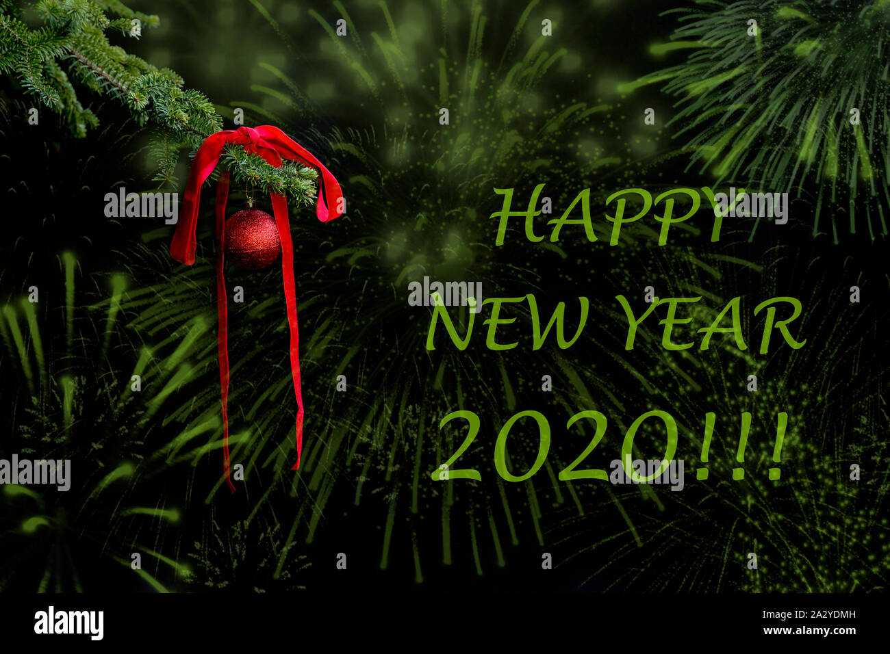 New Year 2020 greetings card. A fir tree branch with a red ribbon and a ...