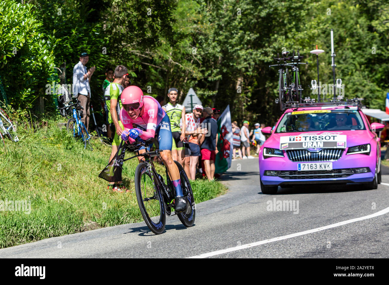 Bosdarros, France - July 19, 2019: The Colombian cyclist Rigoberto Uran of Team EF Education First riding during stage 13, individual time trial, of Le Tour de France 2019. Stock Photo