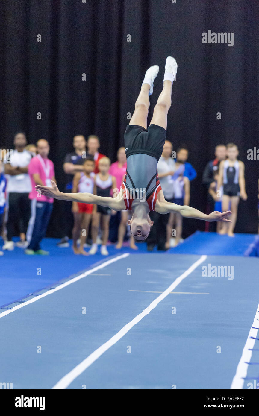 Birmingham, England, UK. 28 September 2019. Aaron Steel (Durham City Gymnastics Club) in action during the Trampoline, Tumbling and DMT British Championship Qualifiers at the Arena Birmingham, Birmingham, UK. Stock Photo