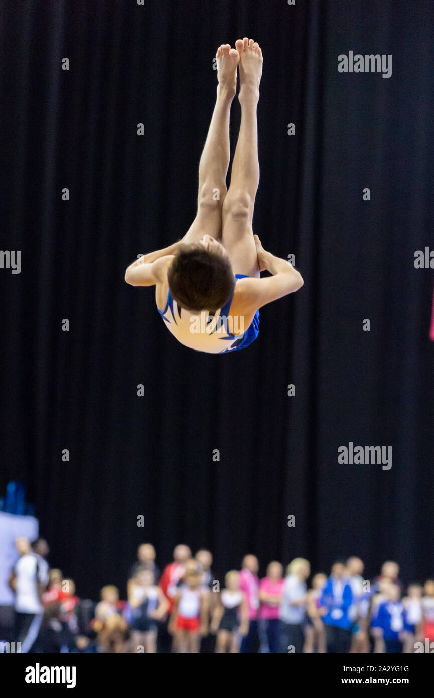 Birmingham, England, UK. 28 September 2019. Tristan Singelee (Pinewood Gymnastics Club) in action during the Trampoline, Tumbling and DMT British Championship Qualifiers at the Arena Birmingham, Birmingham, UK. Stock Photo
