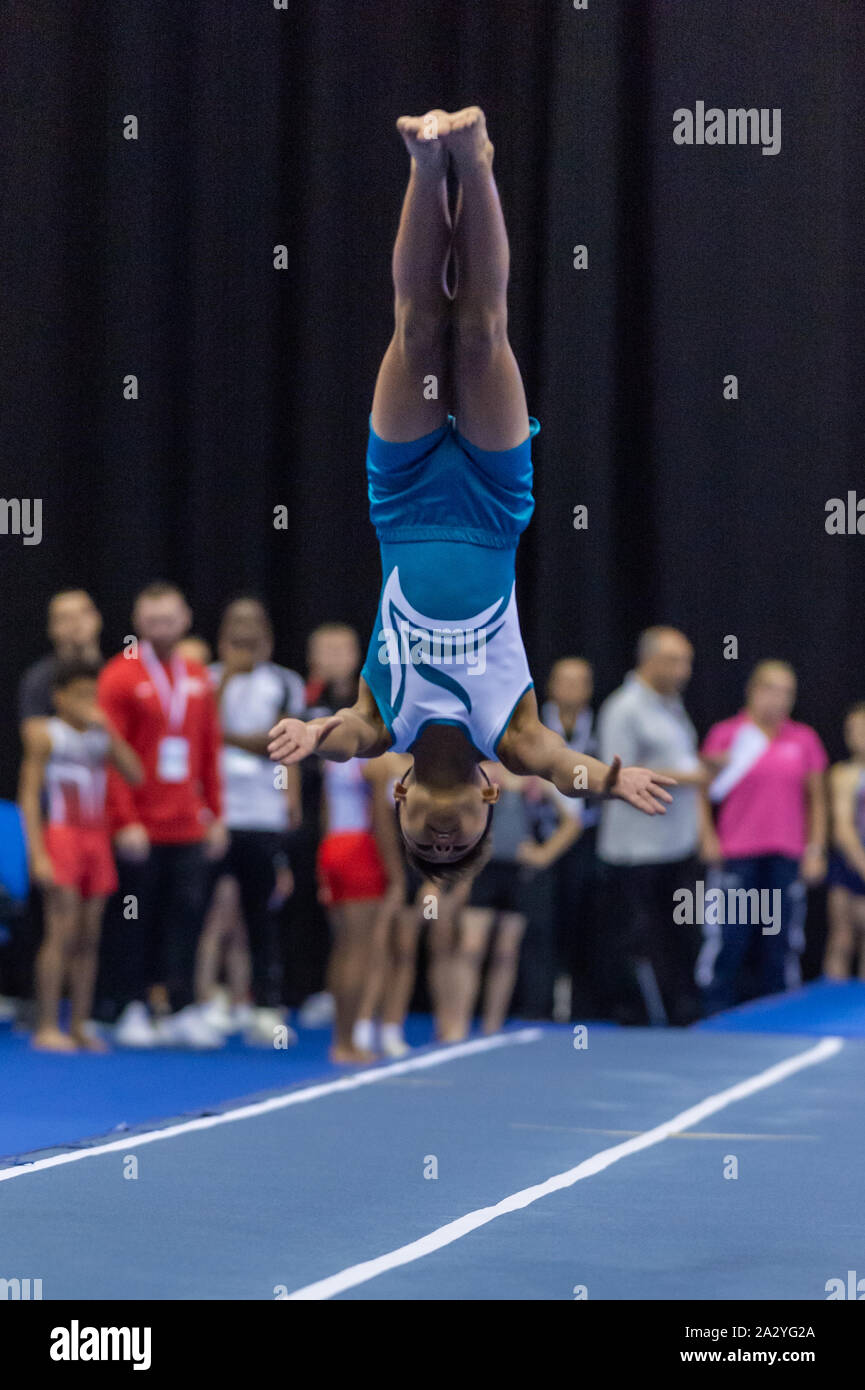 Birmingham, England, UK. 28 September 2019. Harvey Lawrence (Wigan Seagull S A) in action during the Trampoline, Tumbling and DMT British Championship Qualifiers at the Arena Birmingham, Birmingham, UK. Stock Photo