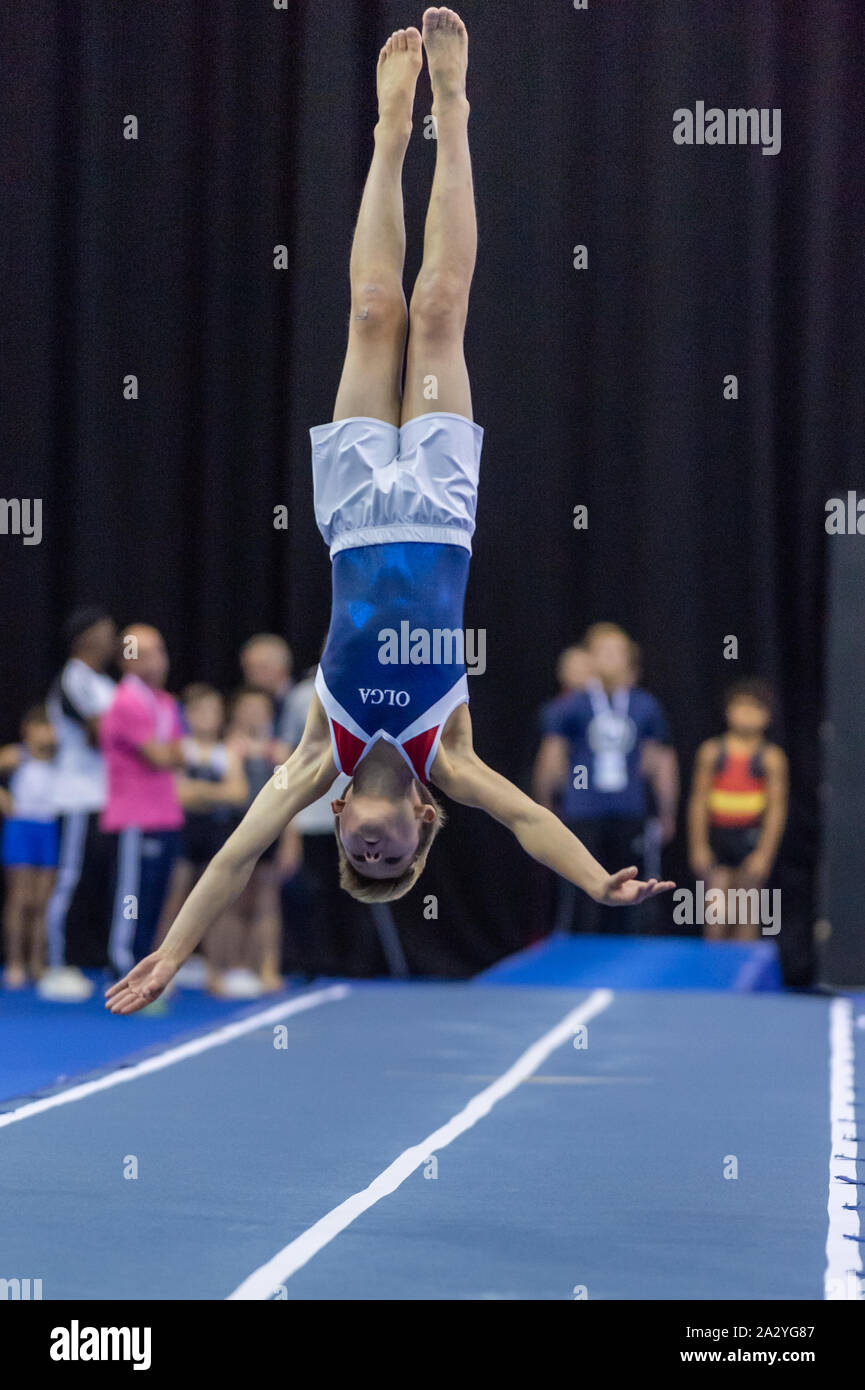 Birmingham, England, UK. 28 September 2019. Oliver Evans (OLGA Poole) in action during the Trampoline, Tumbling and DMT British Championship Qualifiers at the Arena Birmingham, Birmingham, UK. Stock Photo