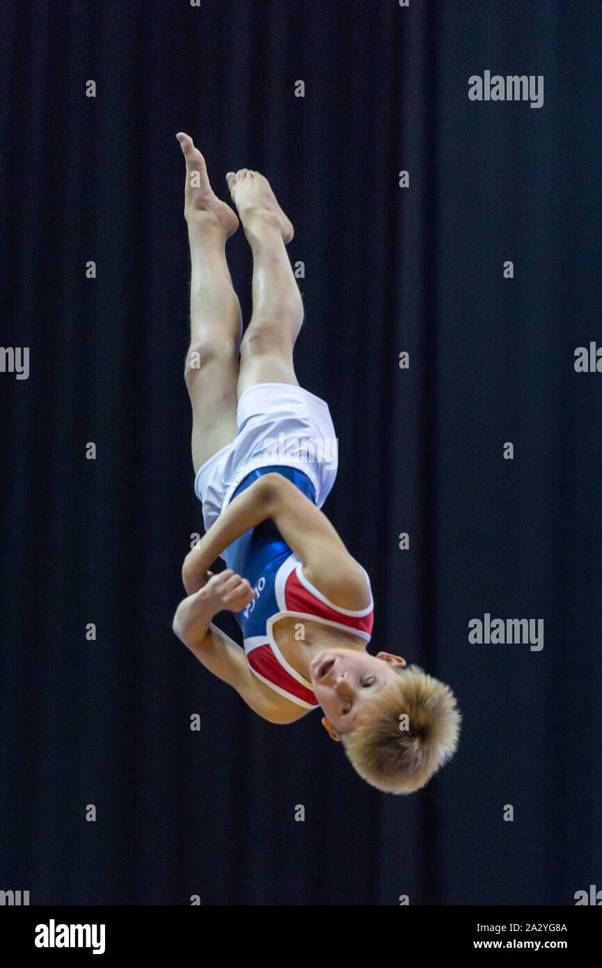 Birmingham, England, UK. 28 September 2019. Oliver Evans (OLGA Poole) in action during the Trampoline, Tumbling and DMT British Championship Qualifiers at the Arena Birmingham, Birmingham, UK. Stock Photo
