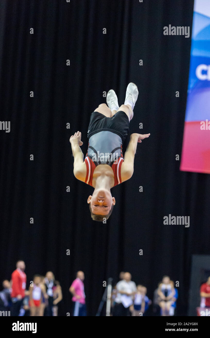 Birmingham, England, UK. 28 September 2019. Aaron Steel (Durham City Gymnastics Club) in action during the Trampoline, Tumbling and DMT British Championship Qualifiers at the Arena Birmingham, Birmingham, UK. Stock Photo