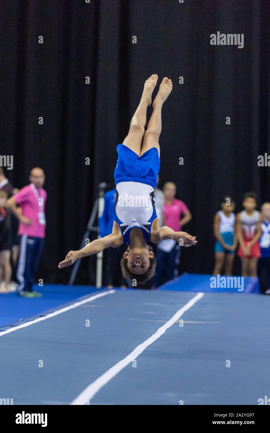 Birmingham, England, UK. 28 September 2019. Tristan Singelee (Pinewood Gymnastics Club) in action during the Trampoline, Tumbling and DMT British Championship Qualifiers at the Arena Birmingham, Birmingham, UK. Stock Photo