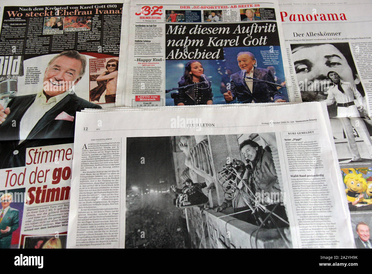 Berlin, Germany. 04th Oct, 2019. The German newspaper published on October  4, 2019 is a large reminder of Karel Gott. Most popular Czech pop singer Karel  Gott died at 80 on October