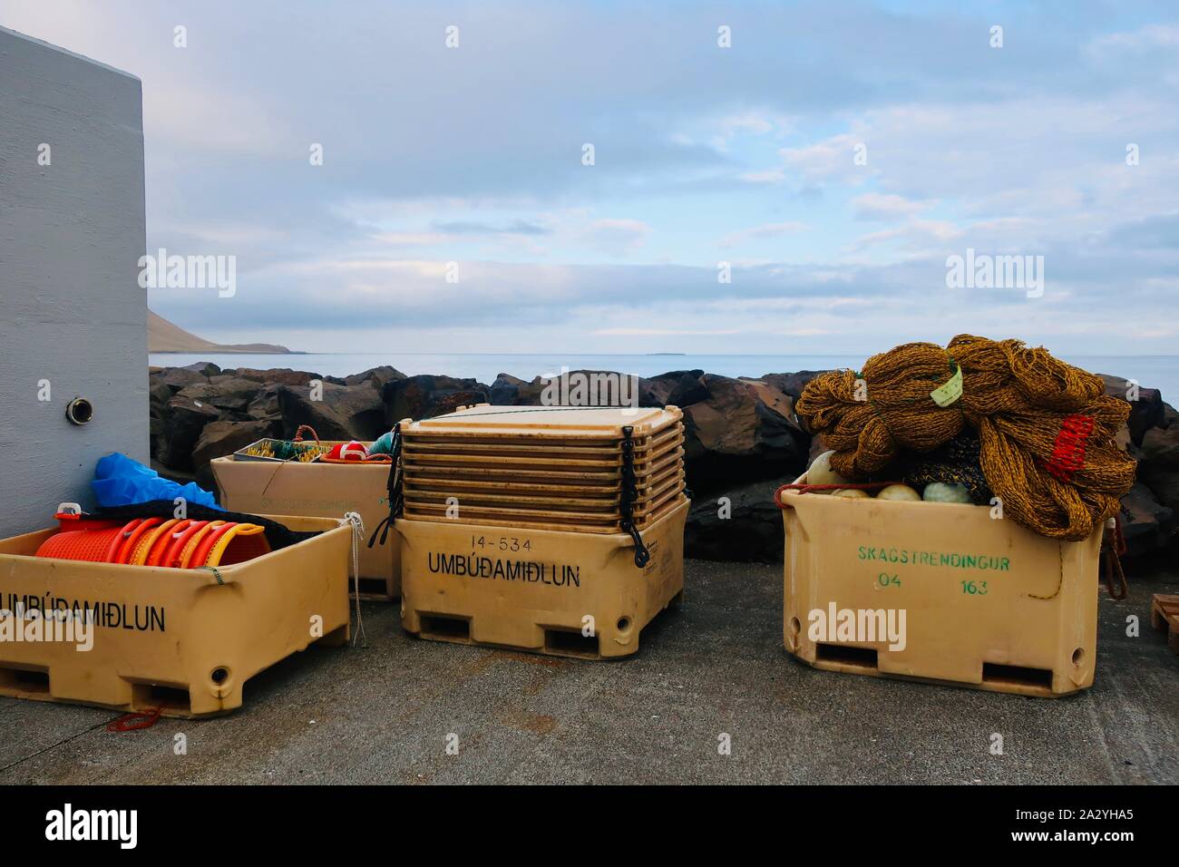 Grundarfjordur, Iceland - 27 September 2019: Fishing nets in the harbour. The fishing industry is this small town’s major source of income. Stock Photo