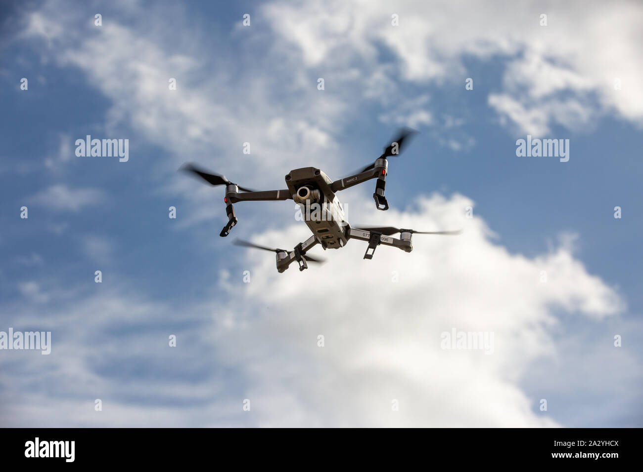 Stock picture dated September 2019 shows DJI Mavic 2 Pro zoom drone flying in Cambridgeshire UK. Stock Photo