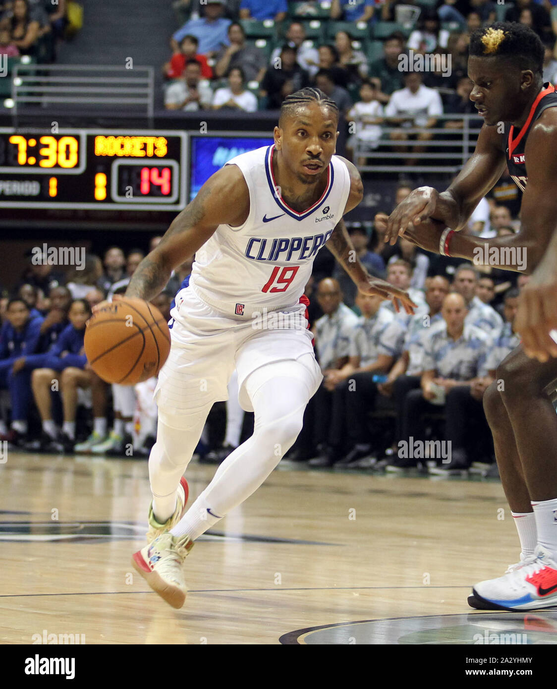 October 3 2019 Los Angeles Clippers Guard Rodney Mcgruder 19 Dribbles The Ball During A Preseason Game Between The Los Angeles Clippers And The Houston Rockets At The Stan Sheriff Center