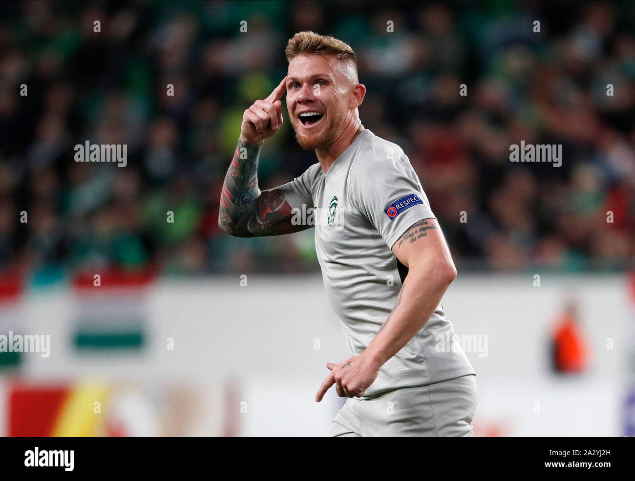BUDAPEST, HUNGARY - OCTOBER 3: Rafael Forster of PFC Ludogorets 1945 celebrates his goal during the UEFA Europa League Group Stage match between Ferencvarosi TC and PFC Ludogorets 1945 at Ferencvaros Stadium on October 3, 2019 in Budapest, Hungary. Stock Photo