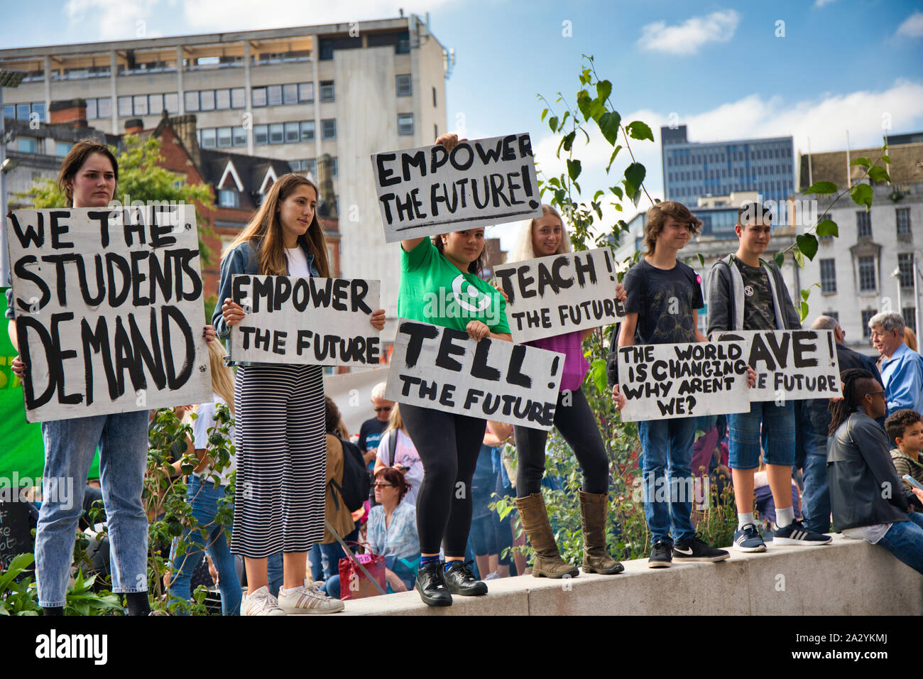 Student climate change activists at the 20th September global climate strike, Old Market Square, Nottingham, East Midlands, England Stock Photo