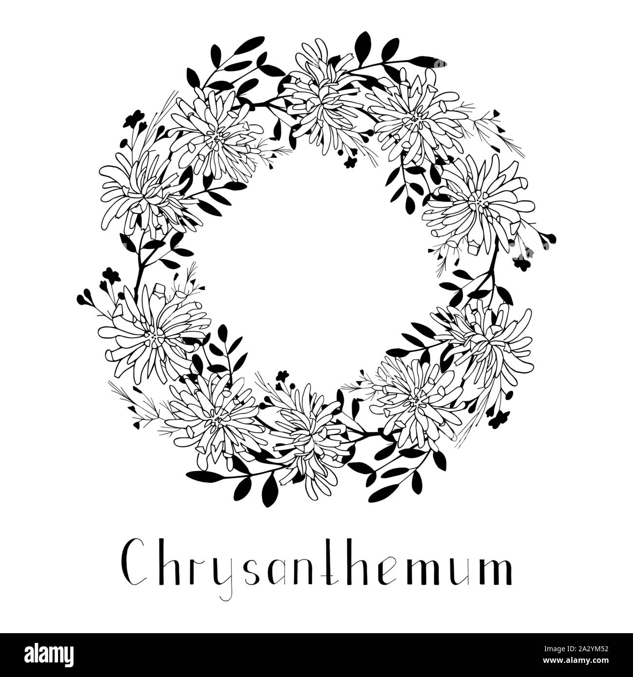 Vector botanical frame with chrysanthemum flowers and silhouettes of ...
