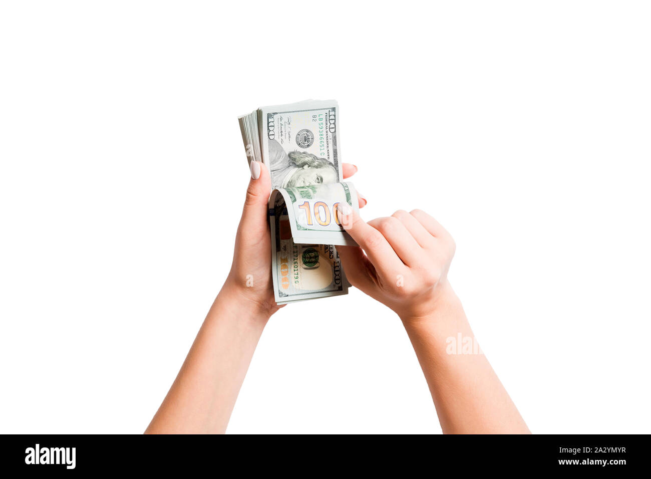 Isolated Image Of Female Hands Counting Dollars On White Background 