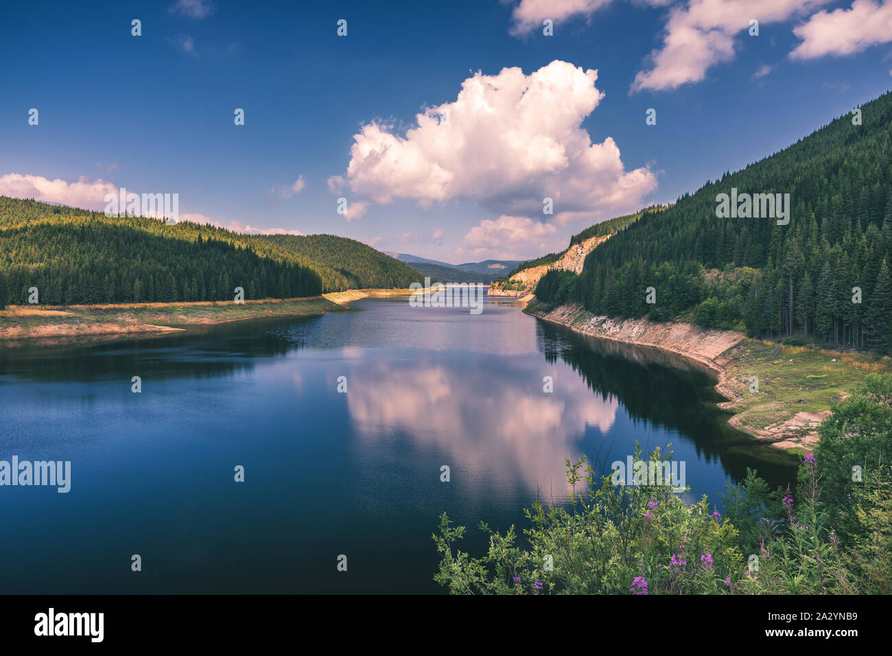 Landscape with lake Oasa in Romanian Carpathians, Transalpina. Stock Photo