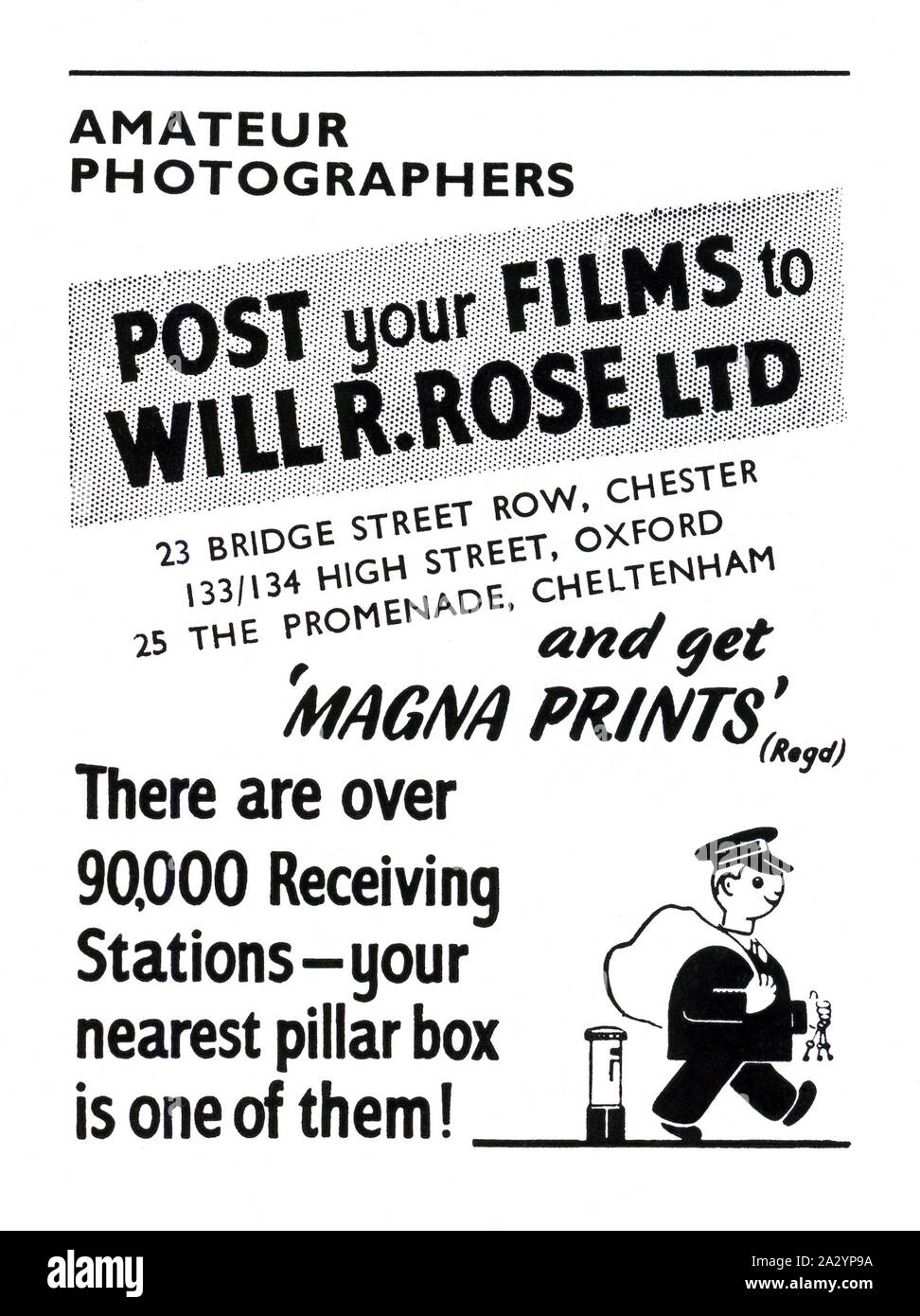 Advert for William R Rose's mail-order photographic print service, 1951.  The illustration features a postman collecting mail from a post box. Amateur photographers could post their negatives to the company and receive back 'Magna Prints' in the mail. Many companies offer much the same service today but nearly all business is conducted online. Stock Photo