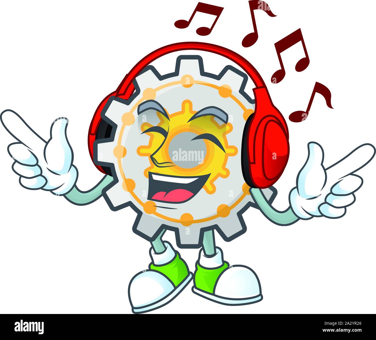 Listening music gear shape circle with cartoon character Stock Vector