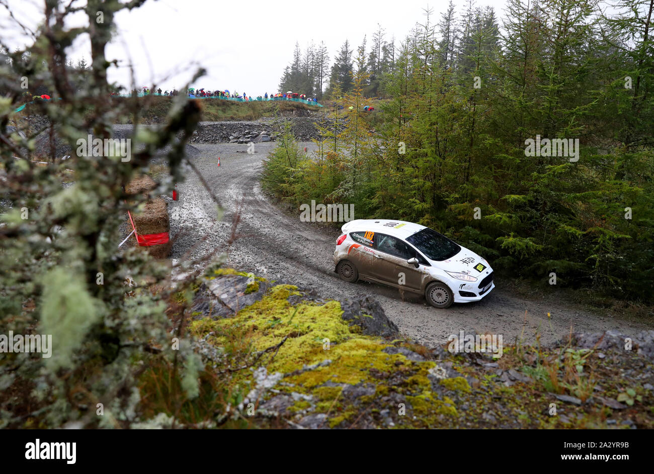 Diego Dominguez and Rogelio Lopez in the Ford Fiesta R2 during day two of the Wales Rally GB. Stock Photo