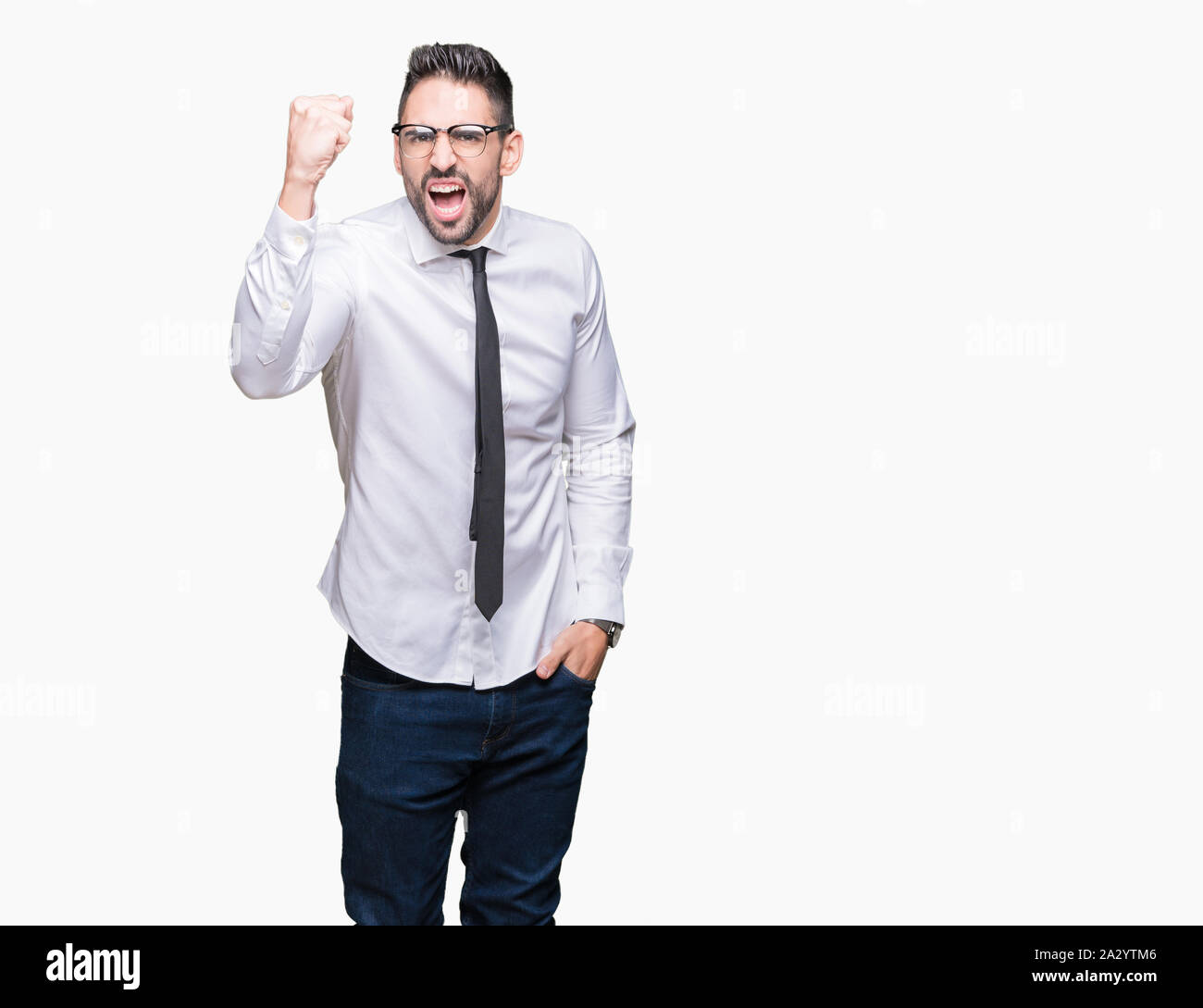 Young handsome business man wearing glasses over isolated background ...