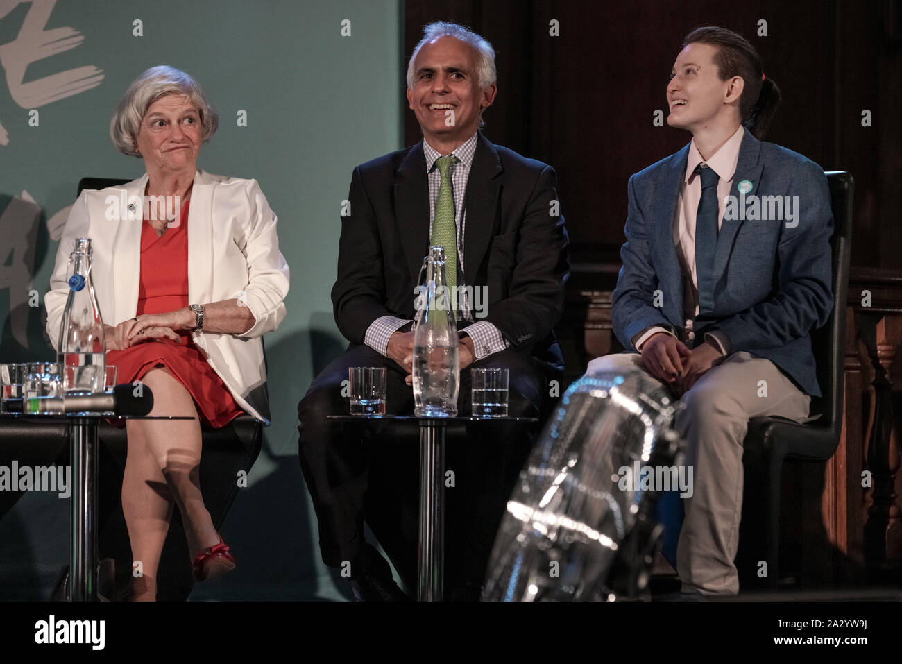 (L R) Ann Widdecombe, Ben Habib and Tegan Lucas on stage during The Brexit Party conference in