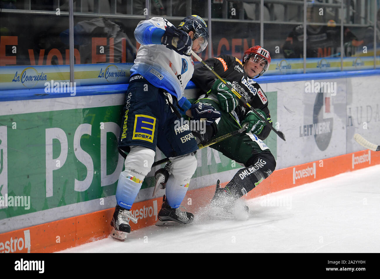 02.10.2019, xemx, Eishockey DEL, Augsburger Panther - ERC Ingolstadt emspor, v.l. Sean Sullivan (ERC Ingolstadt #37) und Adam Payerl (Augsburger Panth Stock Photo