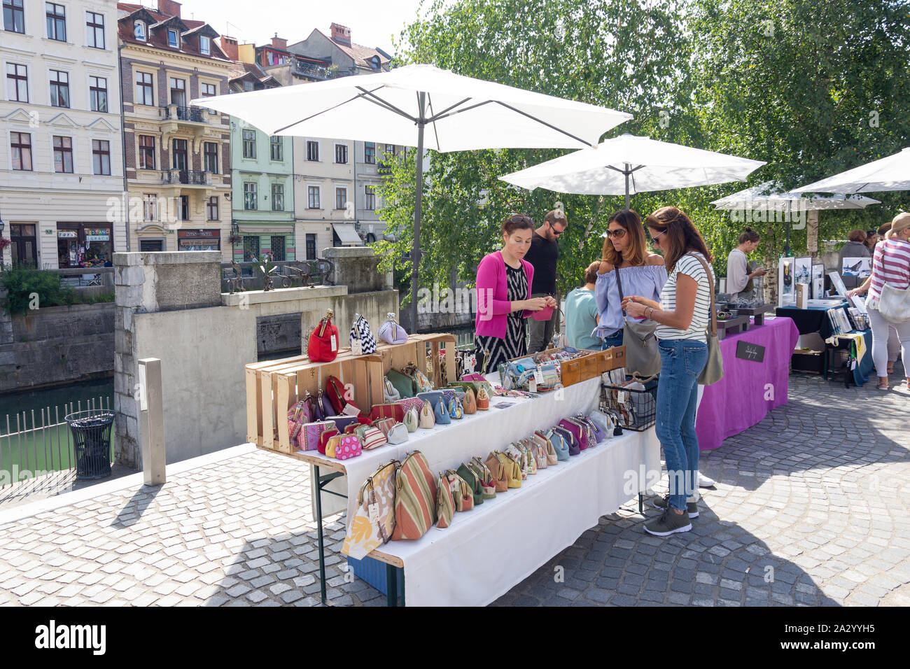 Stalls in Ljubljana Art Market, Breg embankment, Old Town, Ljubljana, Slovenia Stock Photo