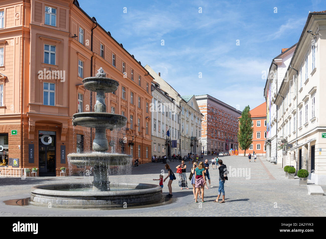 Fountain in New Square (Novi Trg), Old Town, Ljubljana, Slovenia Stock Photo