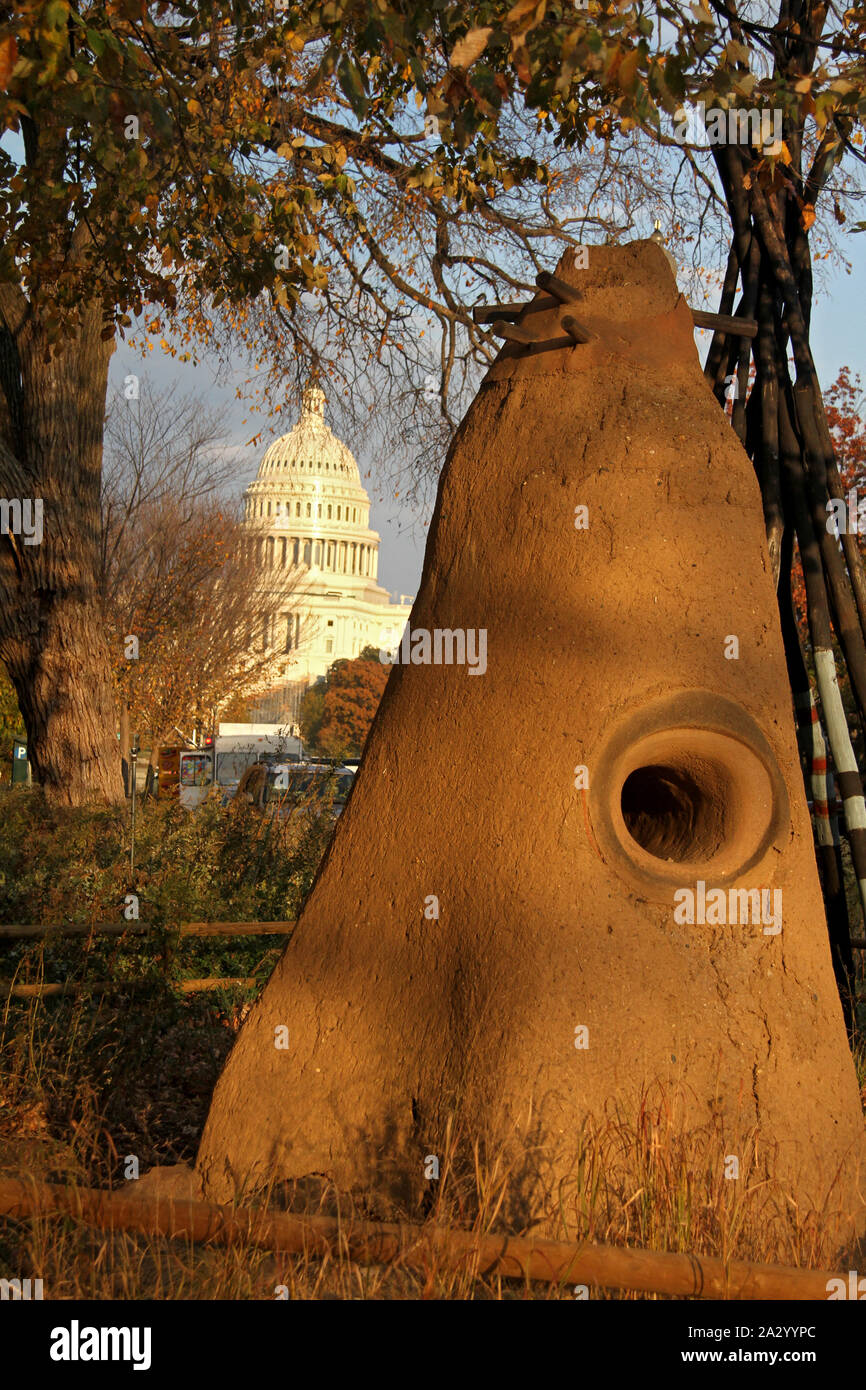 From teepee to the Capitol State Building. View from the National Museum of the American Indian in Washington DC, USA. Stock Photo