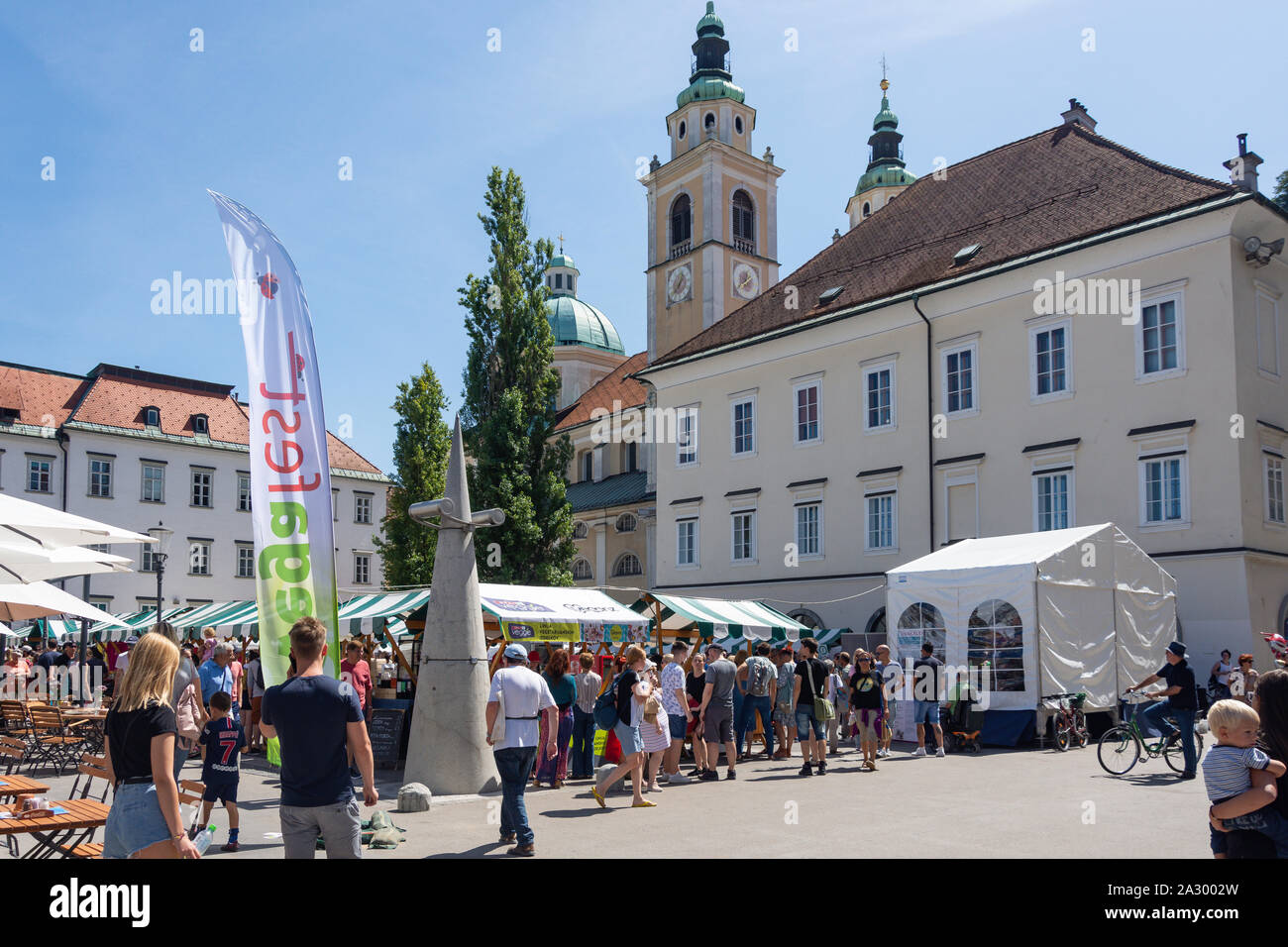 Vegafest (vegan food festival) market stalls, Pogacarjev Trg, Old Town, Ljubljana, Slovenia Stock Photo