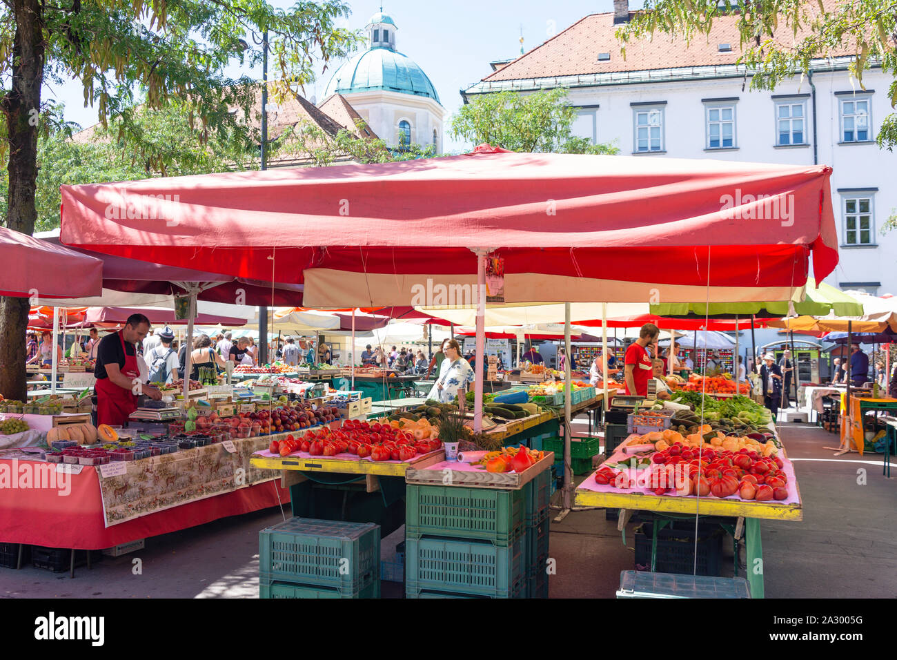 Fruit and vegetable stalls in Central Market, Old Town, Ljubljana, Slovenia Stock Photo